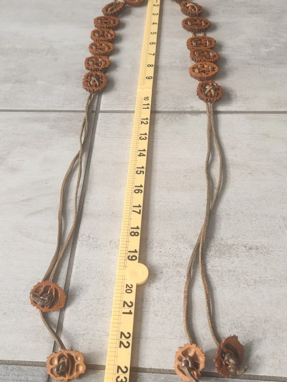 Vintage 70s Black Walnut Shell Slices Tie Belt, Leather Suede Strap Boho Folk